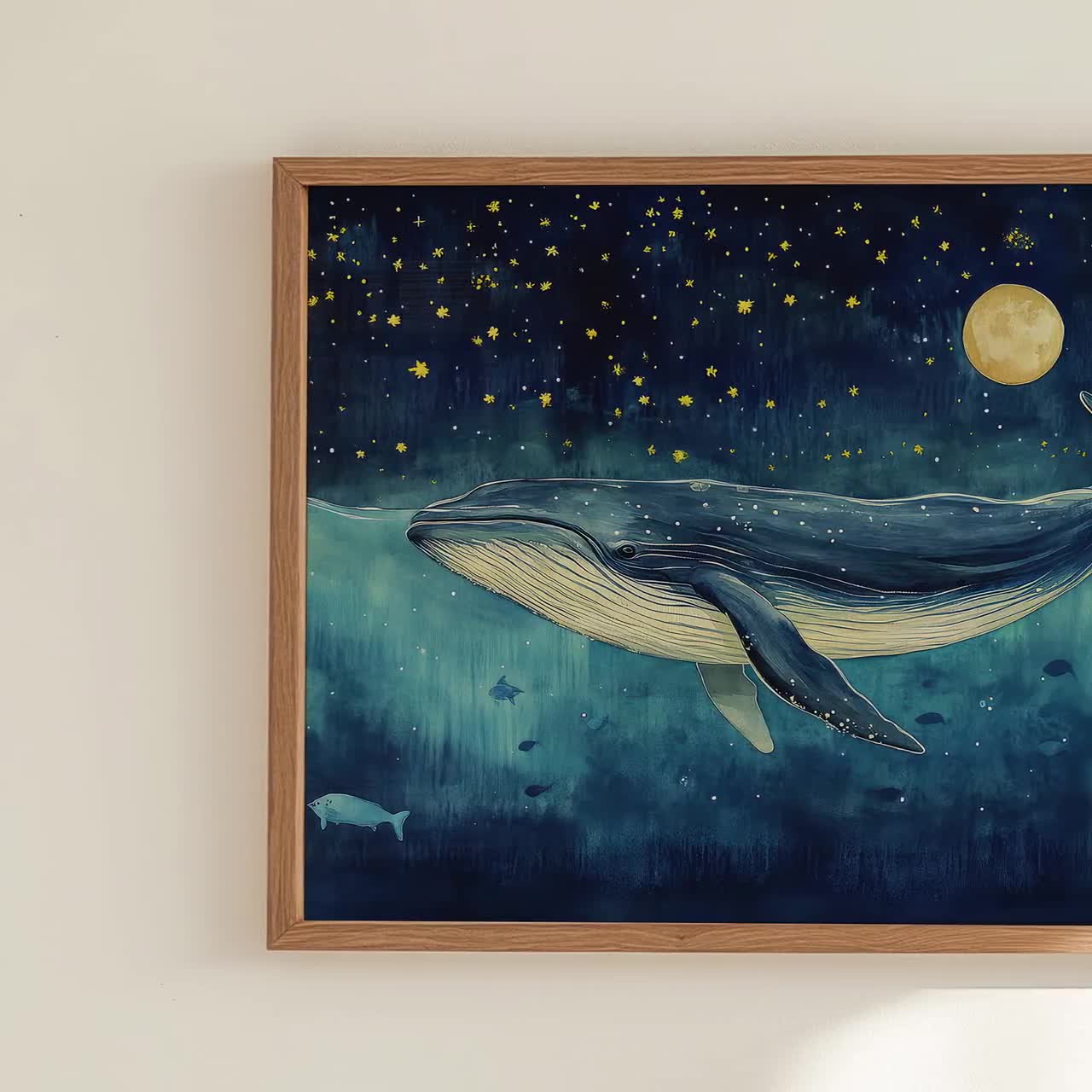 月下のクジラの水彩画 | クジラのプリント | クジラとボート | クジラ